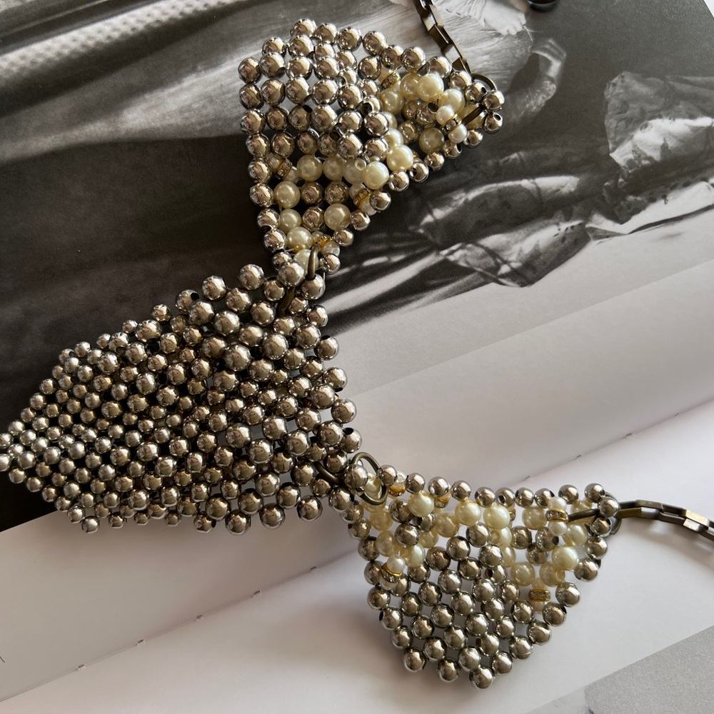 Silver and Gold Beaded Bib Necklace with Textured Pendants - Picture 3 of 10